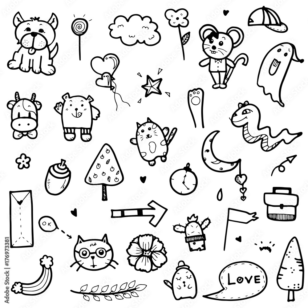 Hand Drawn Cute Doodles Collection Elements Vector Illustration Of Animal,  Tree, Arrow, Objects For Prints Design Or Card Design Stock Vector | Adobe  Stock