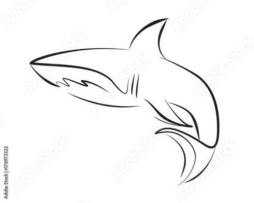 Black line shark on white background. Hand drawing vector graphic.