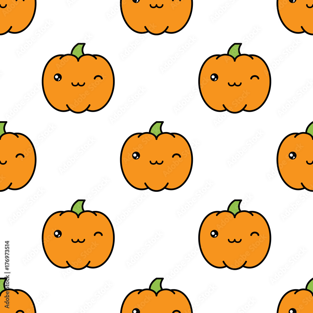 Seamless halloween pattern with winking kawaii style pumpkins on white background. Seamless halloween pattern with winking kawaii style pumpkins on white background.