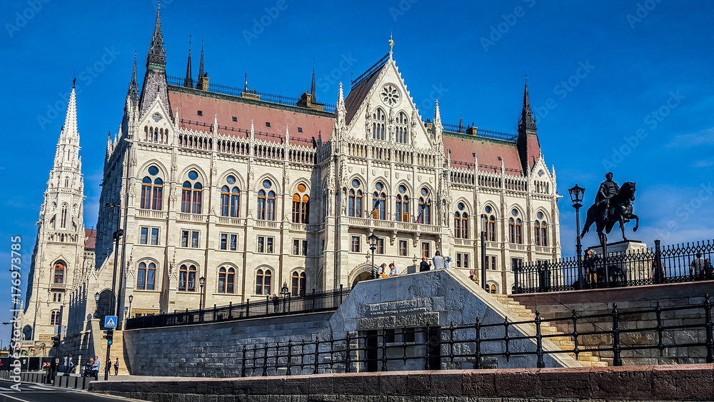 Building of Parliament and the monument of Count Gyula Andrassy. Budapest, Hungary