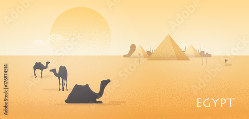 Gorgeous Egypt desert landscape with silhouettes of camels standing and lying against Giza pyramid complex, statue of Great Sphinx and large scorching sun on background. Colorful vector illustration.