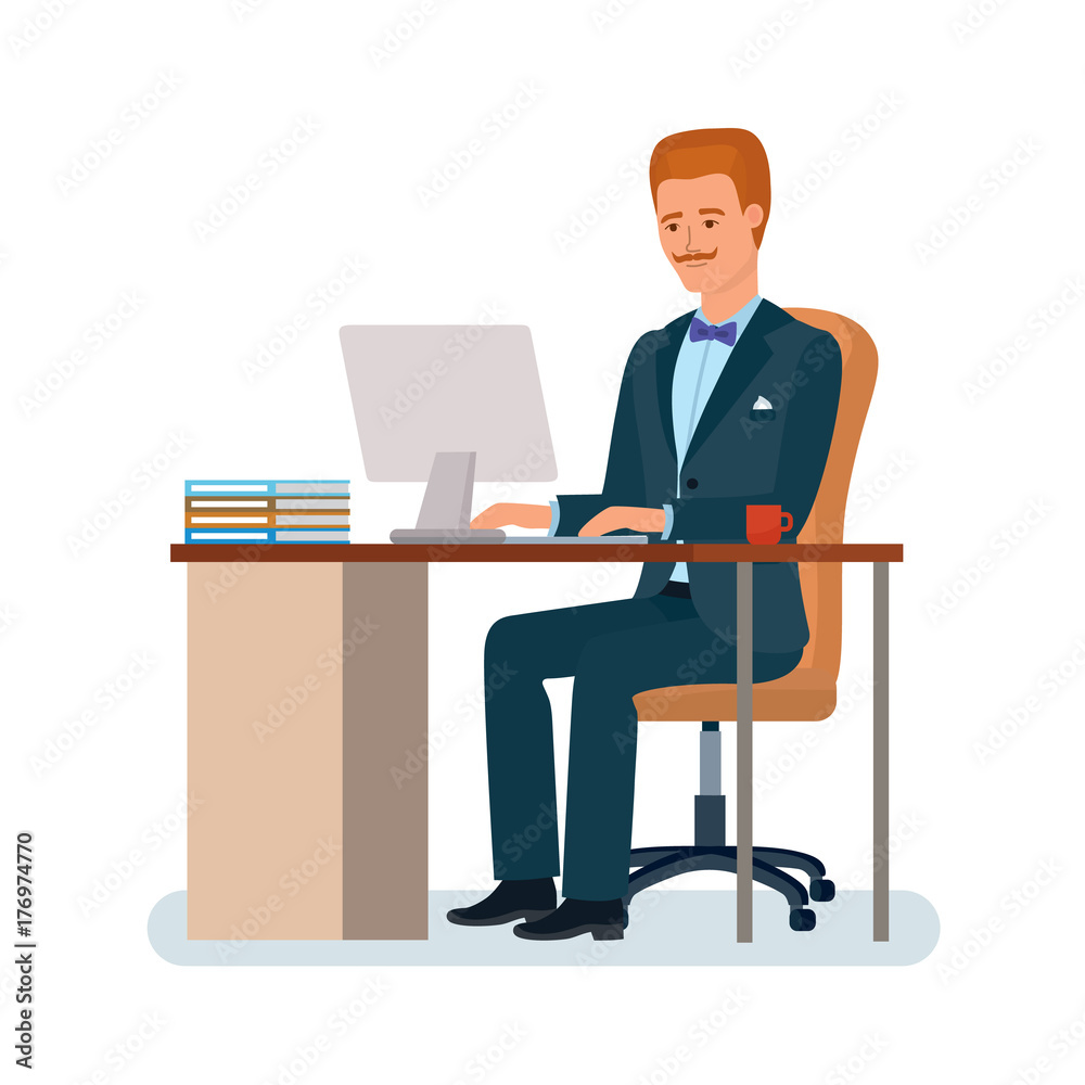 Man sits at work desk near computer, works, does business.