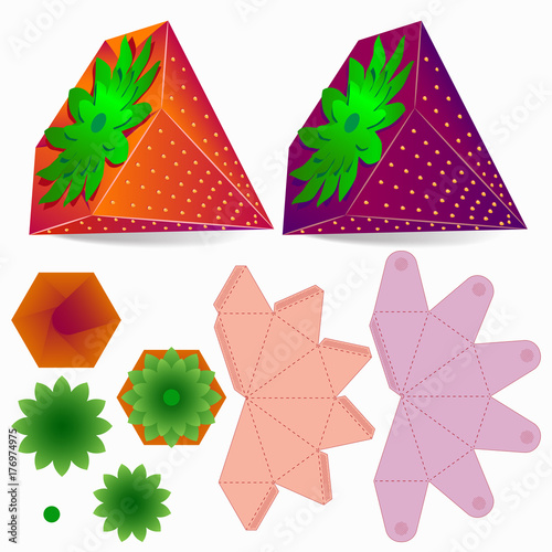 Set of Box Design container die-stamping Folding packaging ready Pack isolated on white background. Template holiday cardboard gift box in the form of casket  with Strawberry. Top Lock. Laser cutting.