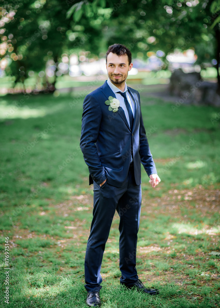 Handsome brunette groom stands on green lawn