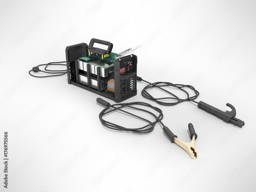 Modern inverter welding machine dismantled gray perspective 3d render on gray background Modern inverter welding machine dismantled gray perspective 3d render on gray background