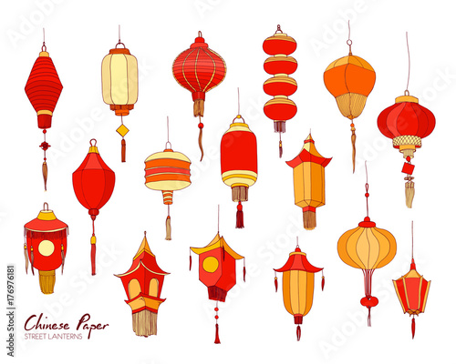 Collection of hand drawn Chinese red paper street lanterns of various shapes and sizes isolated on white background. Set of beautiful traditional asian festival decorations. Vector illustration.