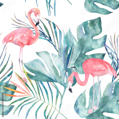 Naklejka flamingi na tle liści malowane akwarelami