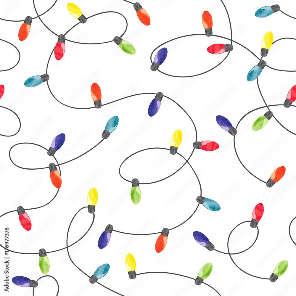 Christmas lights background. Seamless pattern with colorful watercolor garland of light bulbs.