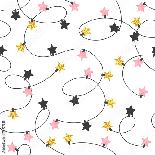 Christmas lights seamless pattern. Vector background with garland