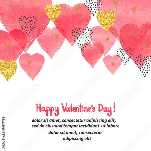 Valentines Day vector background with watercolor hearts and place for text.