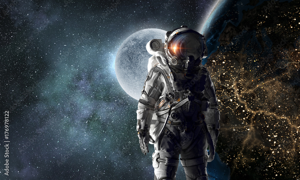 Fototapeta premium Adventure of spaceman. Mixed media