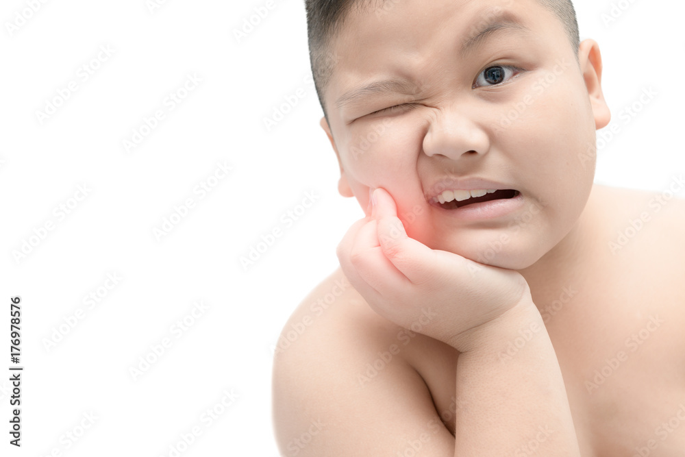 Obese asian fat boy suffering from toothache isolated Obese asian fat boy suffering from toothache isolated