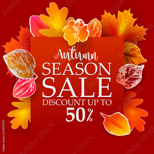 Fall sale poster. Vector Illustration. Autumn Banner Background with Falling stamp and paper cut design Leaves. Luxury red colors