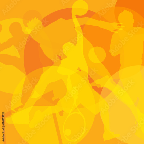 Sport background. Olympiad illustration. Yellow silhouettes of athletes on an orange background.