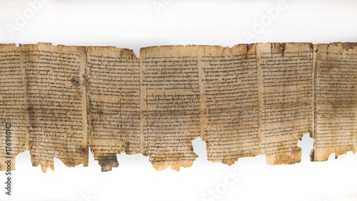 Photo One of Dead Sea Scrolls, displayed in Shrine of the Book