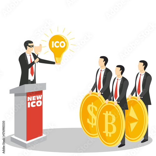 New ICO or initial coin offering concept vector illustration