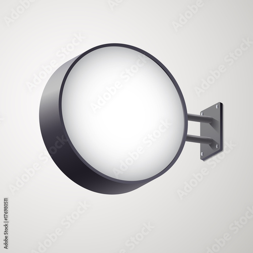 3D circular signboard mock up isolated on gray background. Circular illuminated lightbox with empty space for design. Applicable for restaurant, hotel, night club logo presentation. Vector eps 10.