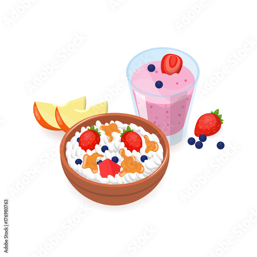 Tasty breakfast consisted of cottage cheese with fruit slices, berries, organic honey in bowl and yogurt with strawberries and blueberries in glass