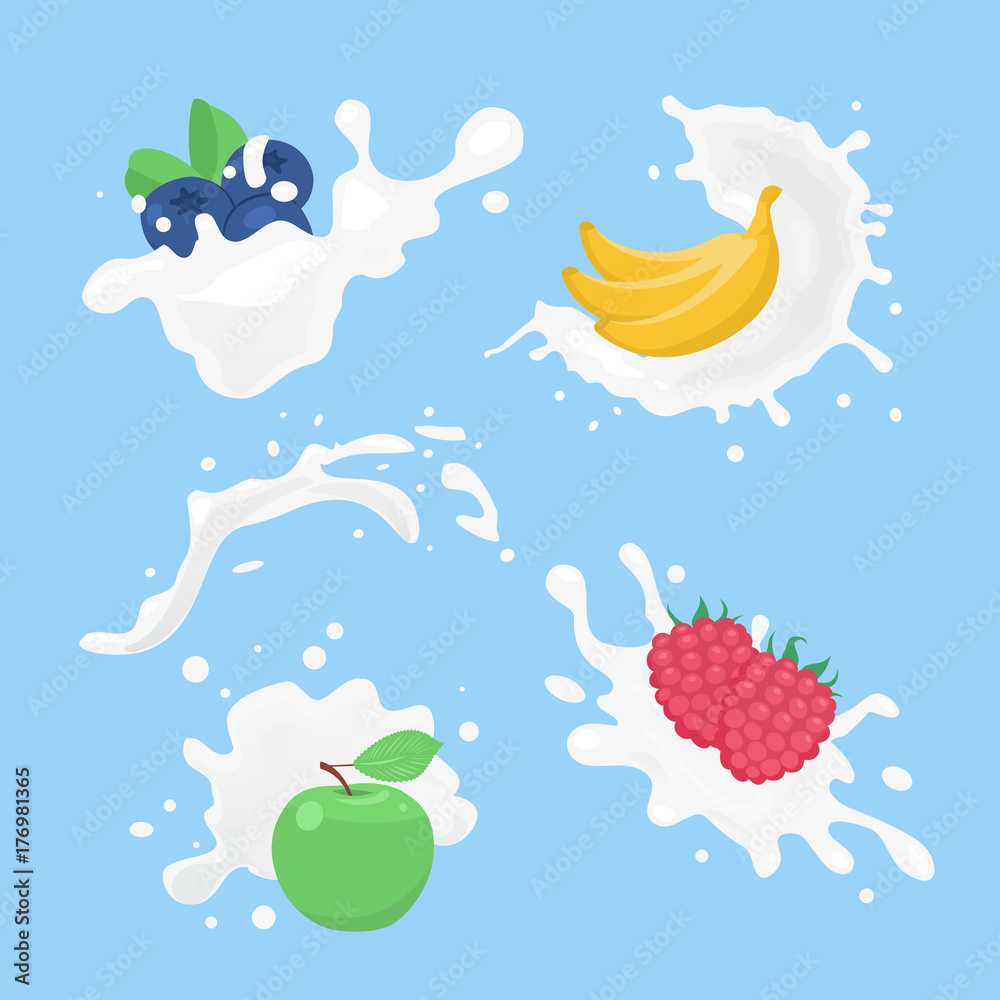 Set of 3D vector milk splash and pouring 