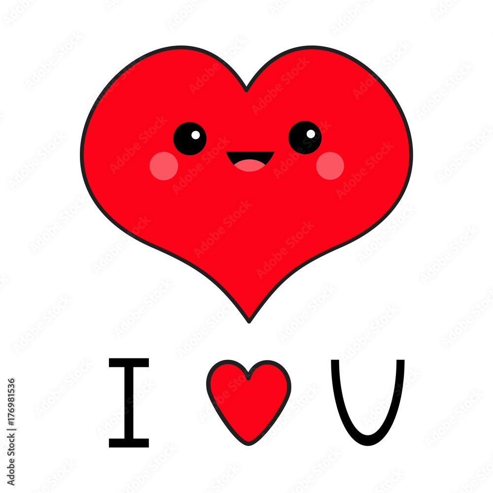 I love you. Red heart face head. Exclamation point. Cute cartoon kawaii  funny smiling character. Eyes, mouth, blush cheek. Happy Valentines day  symbol. Flat design. Greeting card. White background. Stock Vector |