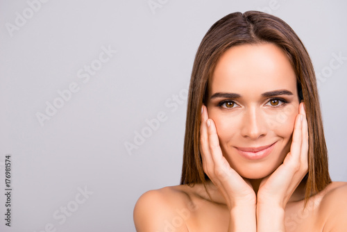 Advertising concept. Portrait of gogreous  charming  pretty  hot lady with attractive smooth skin  shiny  clean and pure. Women beauty and make up  pampering concept