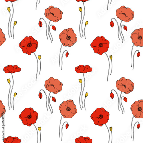 color vector simple  illustration of decorative poppy flower pattern on white background