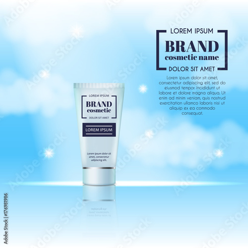 3D realistic cosmetic bottle ads template. Cosmetic brand advertising concept design on sky background with clouds