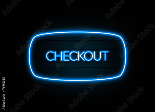Checkout  - colorful Neon Sign on brickwall