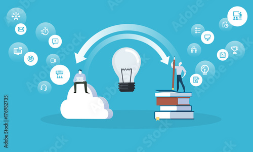 Flat design style web banner for exchanging ideas, experiences, knowledge, new ideas. Vector illustration concept for web design, marketing, and print material.