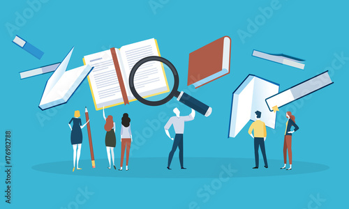 Flat design style web banner for know-how, search for a book, download literature, online book store. Vector illustration concept for web design, marketing, and print material.