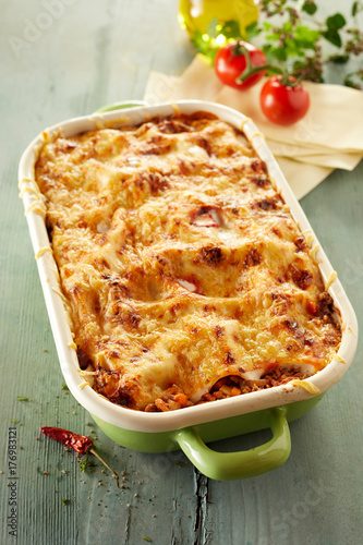 Tasty lasagne in baking dish