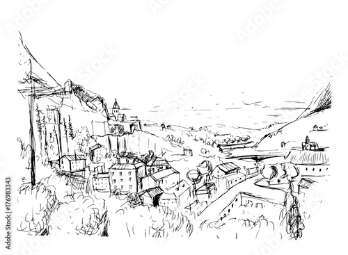 Remarkable Georgian landscape sketch. Black and white hand drawn outline vector illustration.