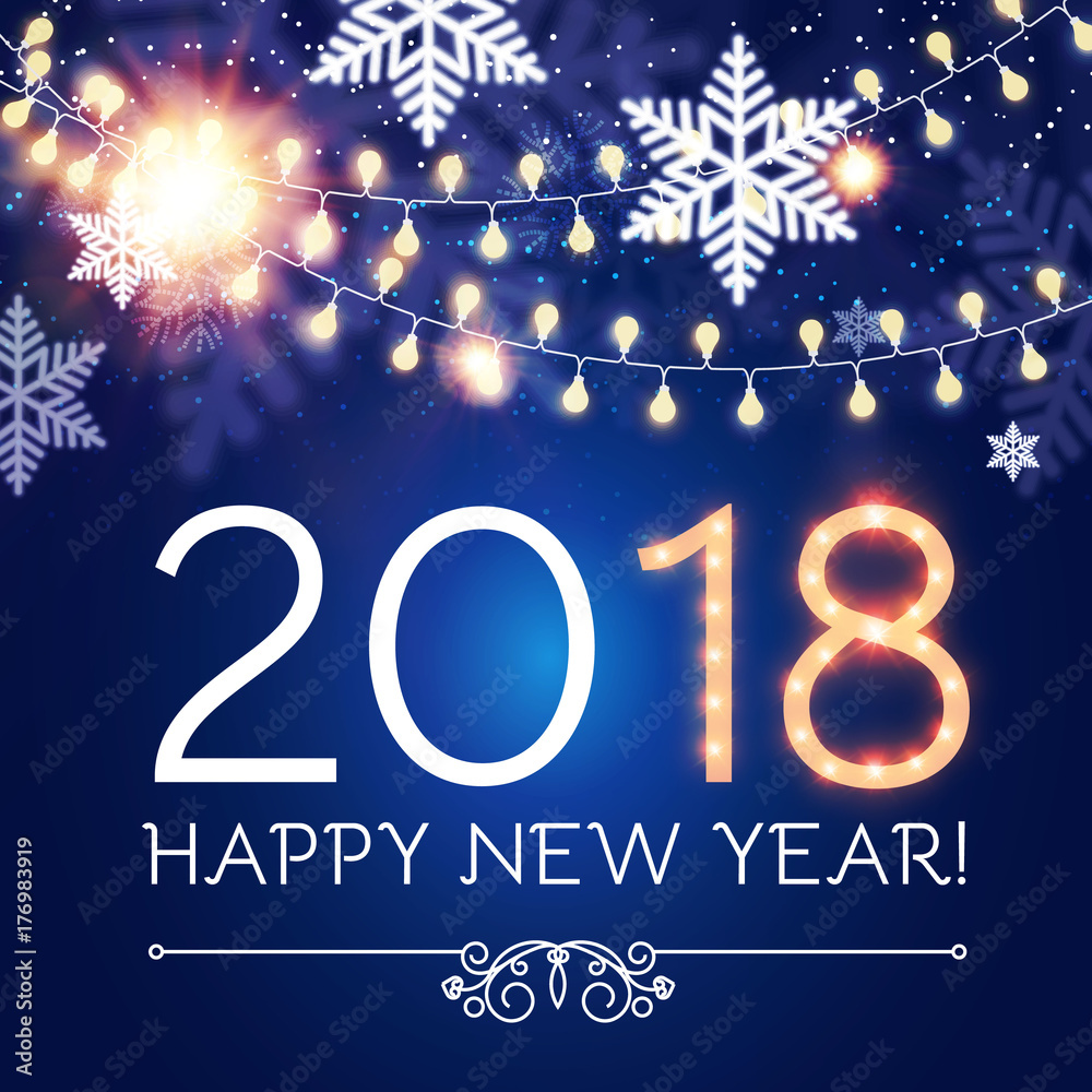 Happy New 2018 Year! Lights Background with Bokeh Effect, Snow and Fireworks. Vector illustration