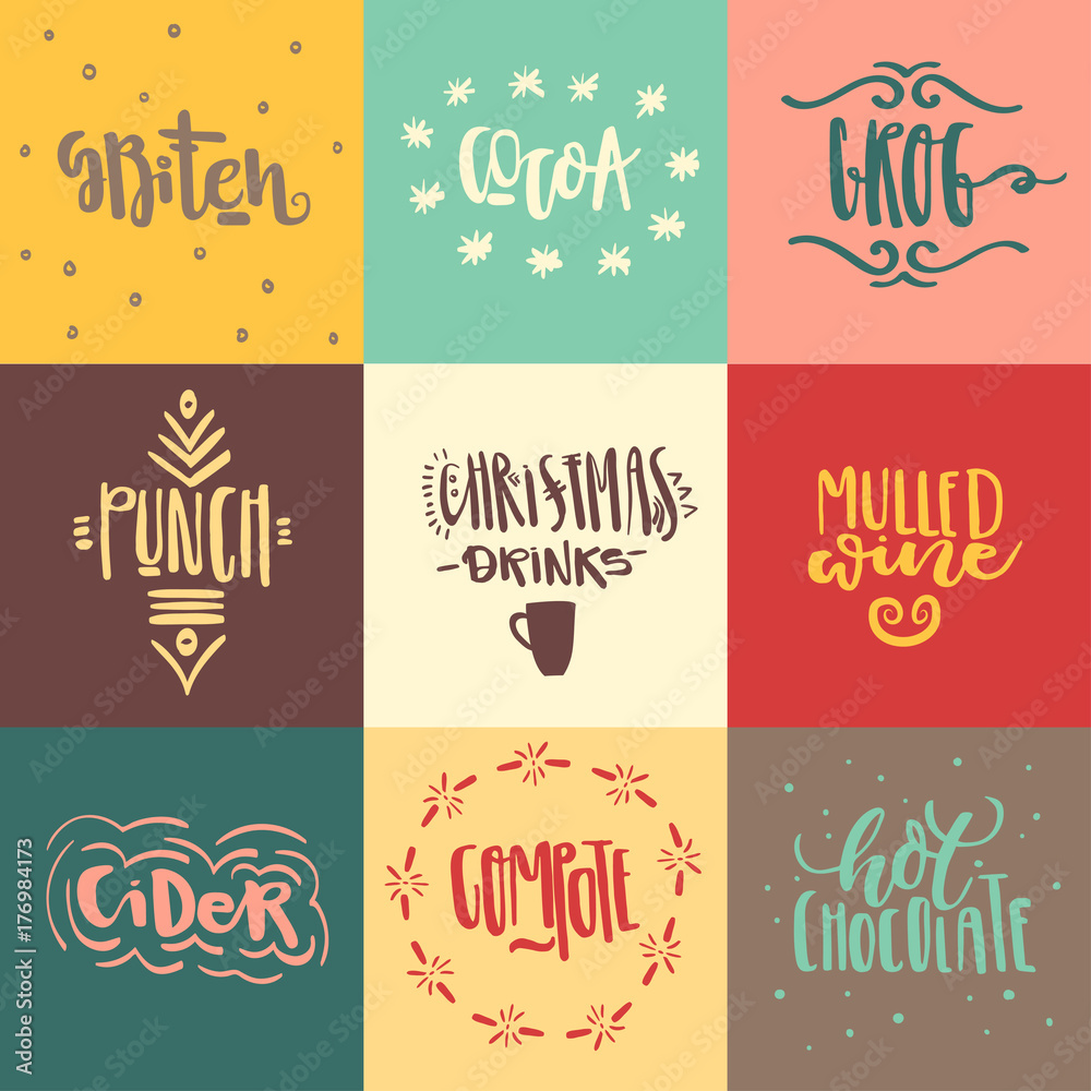 Fototapeta Vector set of hand drawn trendy lettering of christmas hot drinks. For menu design, greeting cards, invitations, logotypes, posters.