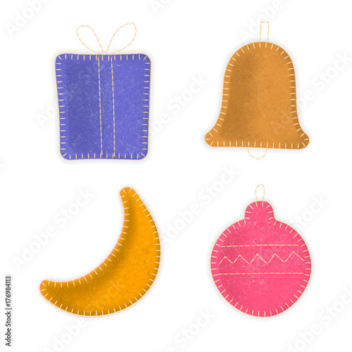 Vector set of hand-made sewn toys. Gift box, bell, moon, Christmas ball made of felt cloth with stitches. For cute holiday design.
