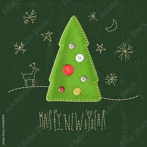 Vector concept of holiday greeting card. Felt spruce tree on a dark green fabric with embroidered snowflakes and lettering "Happy New Year".