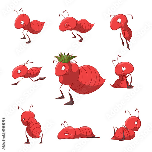 Collection of colorful vector cartoon ants. Queen and workers.