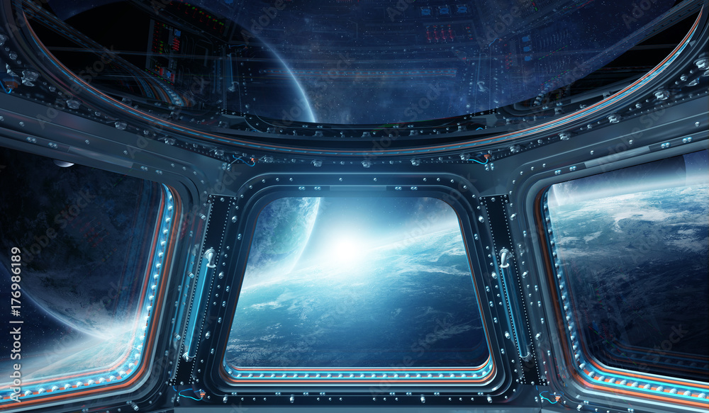 Obraz premium View of outer space from a space station window 3D rendering elements of this image furnished by NASA