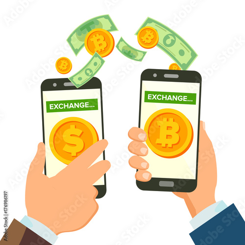 Money Exchange Banking Concept Vector. Human Hand Banner. Hand Holding Smartphone. Mobile Smart Phone And Hands. Dollar And Bitcoin. Wireless Finance Sending. Isolated Illustration