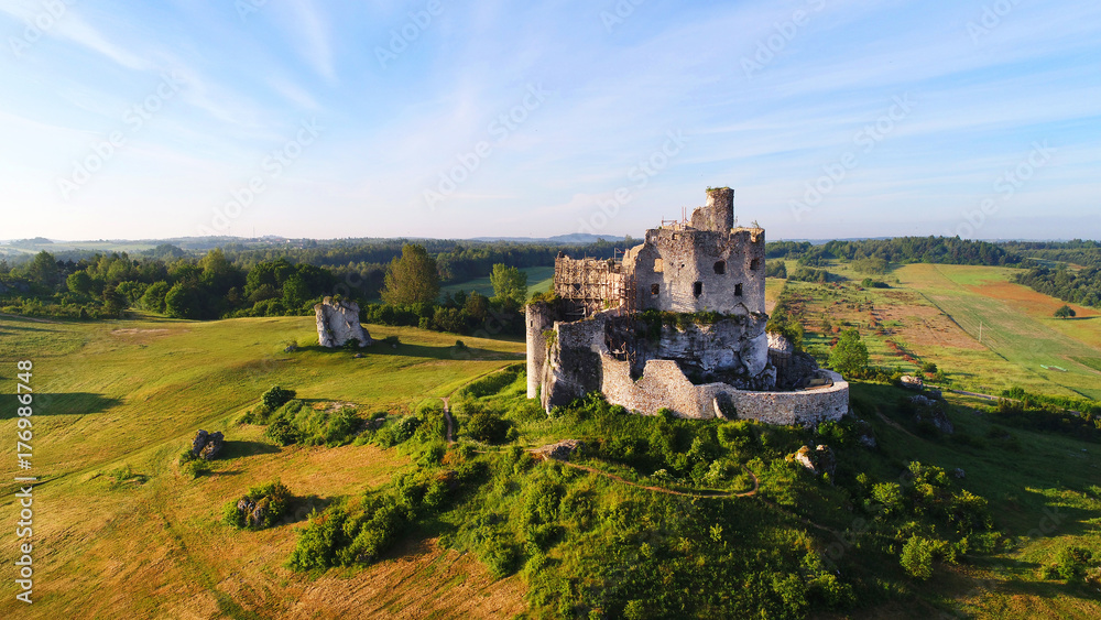 Aerial view of Mirow castle in Poland