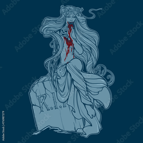 Dead bride. Zombie girl with a sewn up mouth, blood stained hands and dress sitting on a toumbstone. Monochrome Linear drawing isolated on blue background. EPS10 vector illustration