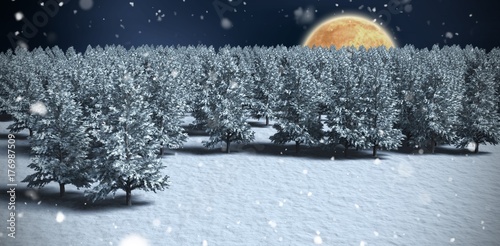 Composite image of digitally generated image of trees on snowy photo