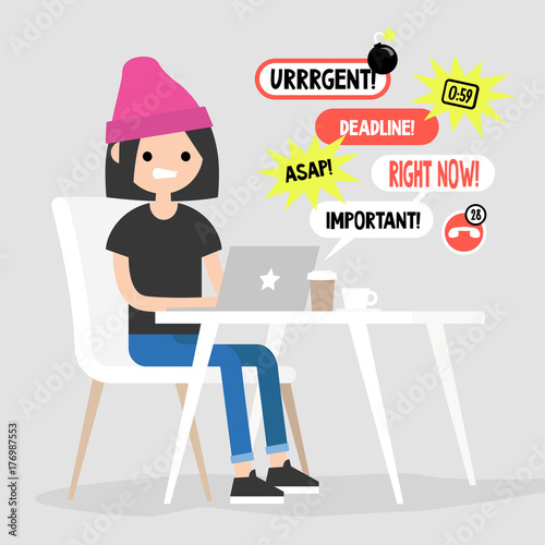 Young female manager receiving a bunch of notifications on the laptop messenger. Troubleshooting. Deadlines and urgent tasks. Business situation. Flat editable vector illustration, clip art