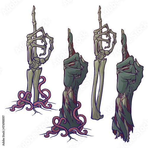 Zombie body language. Pointing finger up. Set of lifelike depicted rotting zombie hands and skeleton hands rising from under the ground and torn apart. linear drawing isolated on white background