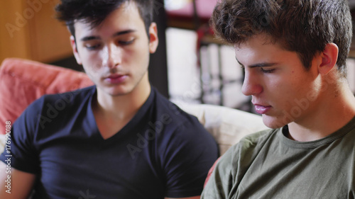Картината върху платно Two young male friends talking and chatting while sitting on sofa at home, relax