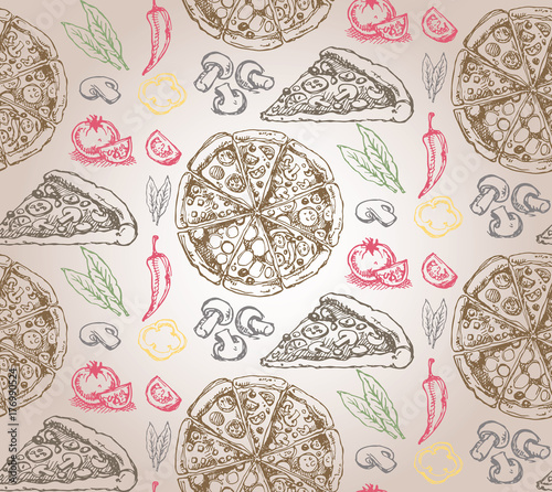 Hand drawn doodle food illustration. Breakfast set. Dish top view.Italian food