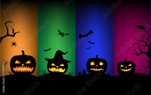 five vertical vector illustration halloween pumpkins silhouettes on the multicolor backgrouds