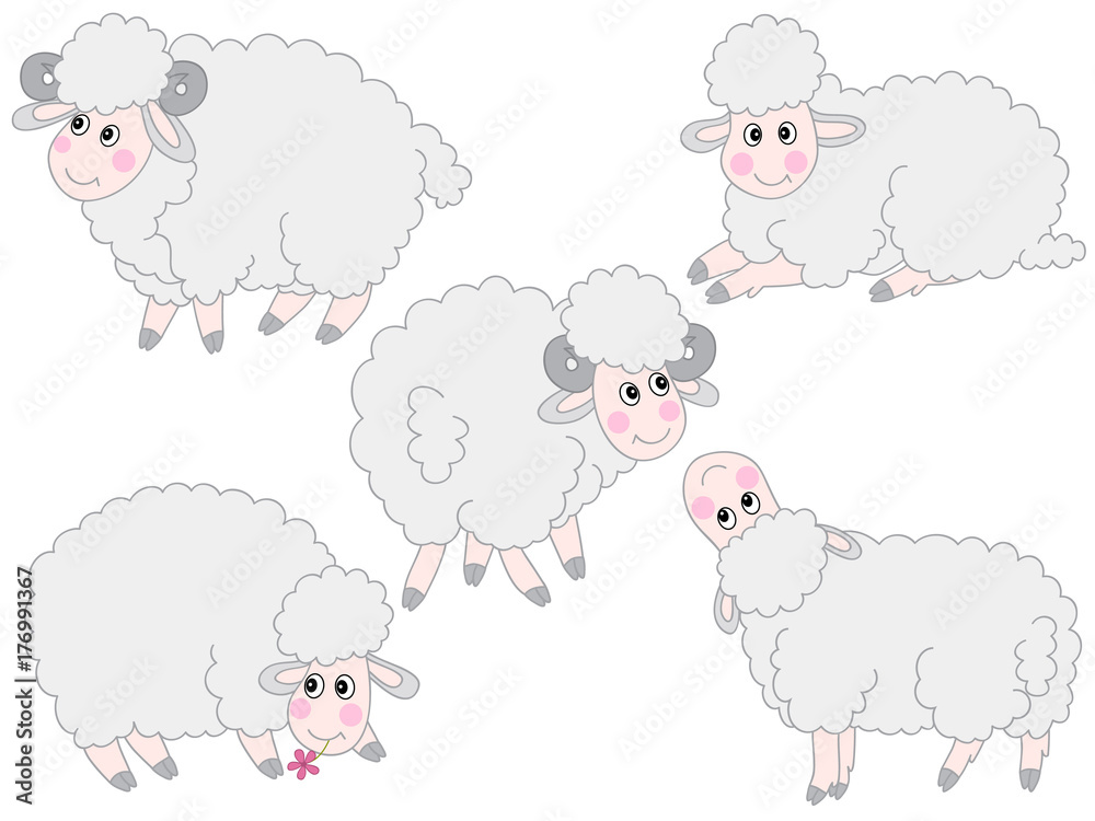 Vector Set of Cute Cartoon Sheep 