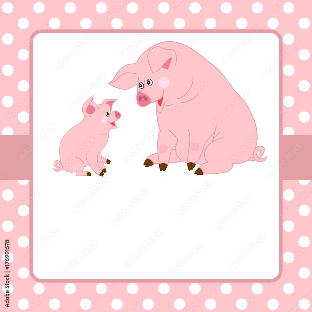 Vector Card Template with Cute Pigs on Polka Dot Background Vector Card Template with Cute Pigs on Polka Dot Background