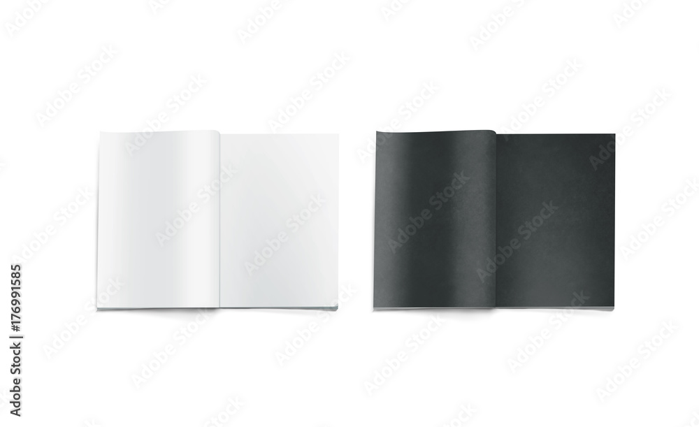 Opened black and white blank magazine pages mockup, isolated. Journal mock up lying on desk. Catalog spread template. Empty notebook booklet design inside. Clear book center presentation. Opened black and white blank magazine pages mockup, isolated. Journal mock up lying on desk. Catalog spread template. Empty notebook booklet design inside. Clear book center presentation.